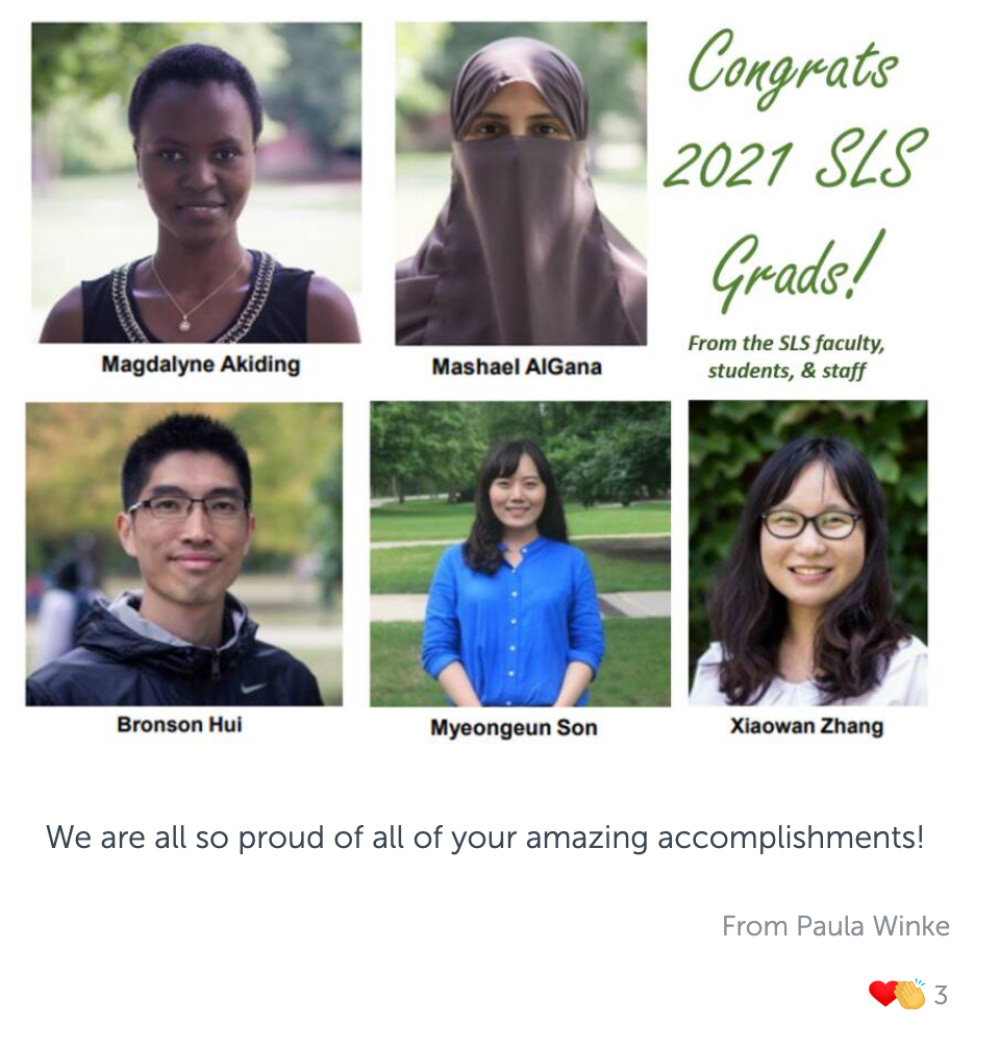 Post with photo of a collage of headshots of Second Language Studies graduates, and congratulatory message