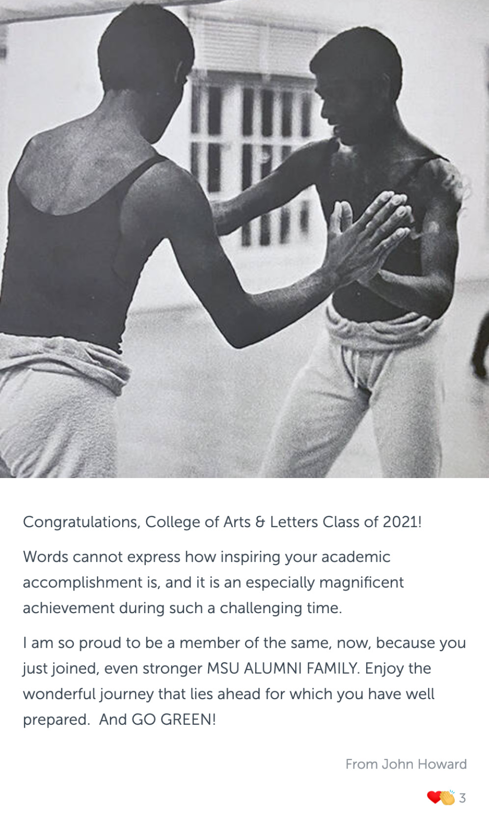 Post with an old photo of young man in a dance studio, and congratulatory message